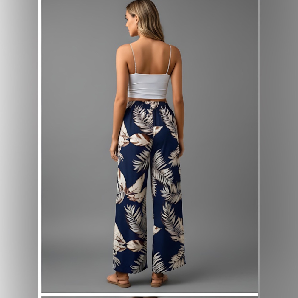 Boho Plant Print Knot Front Wide Leg Pants Blue - Picture 4 of 7